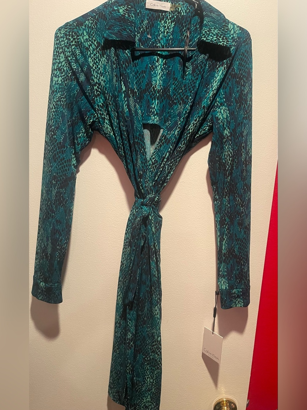 Calvin Klein Teal Snake-Print Tie-Front wrap dress